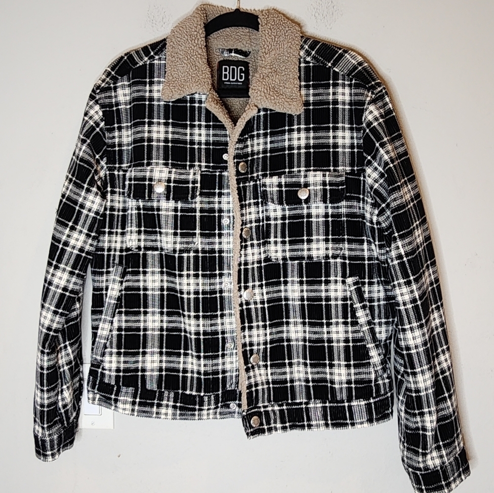 UO BDG Corduroy Black White Plaid Faux Sherpa Bomber Trucker Jacket Size Medium